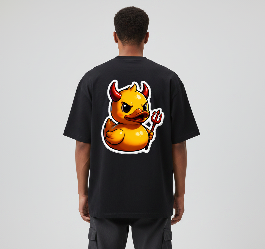 модел с черна oversized тениска 359OG Devil Duck, изглед отзад