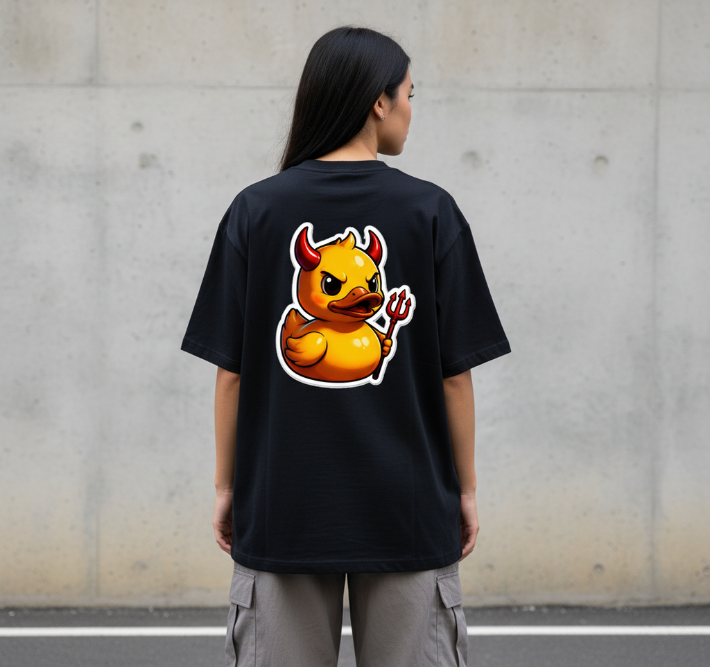 дамски модел с черна oversized тениска 359OG Devil Duck, изглед отзад
