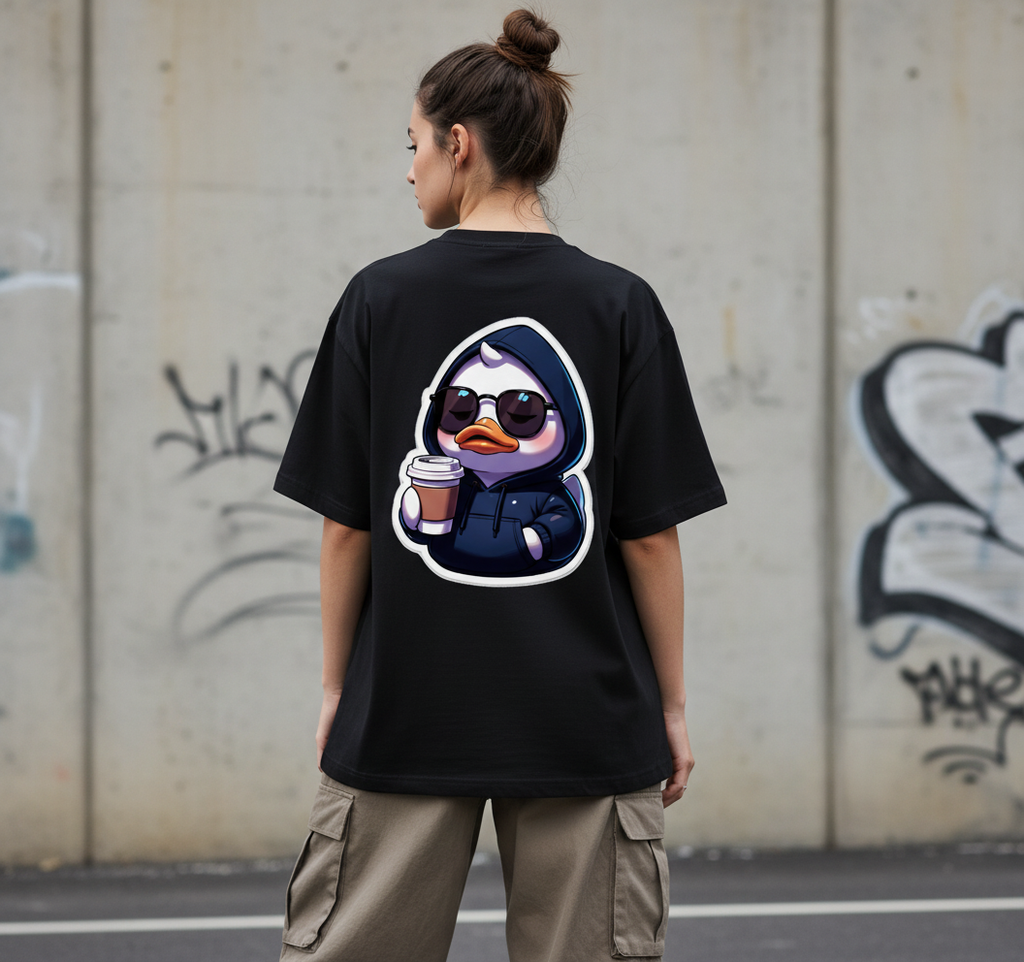 дамски модел с черна oversized тениска 359OG Hood Duck, изглед отзад