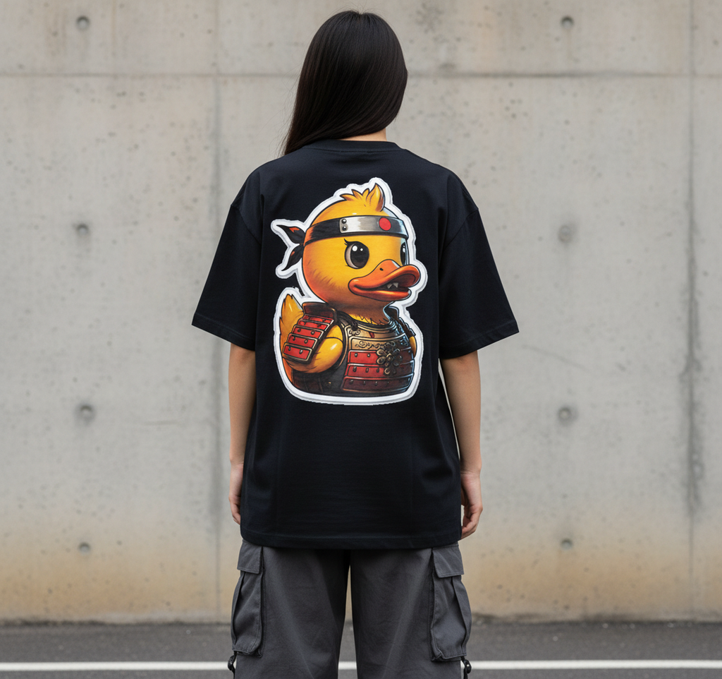 дамски модел с черна oversized тениска 359OG Samurai Duck, изглед отзад