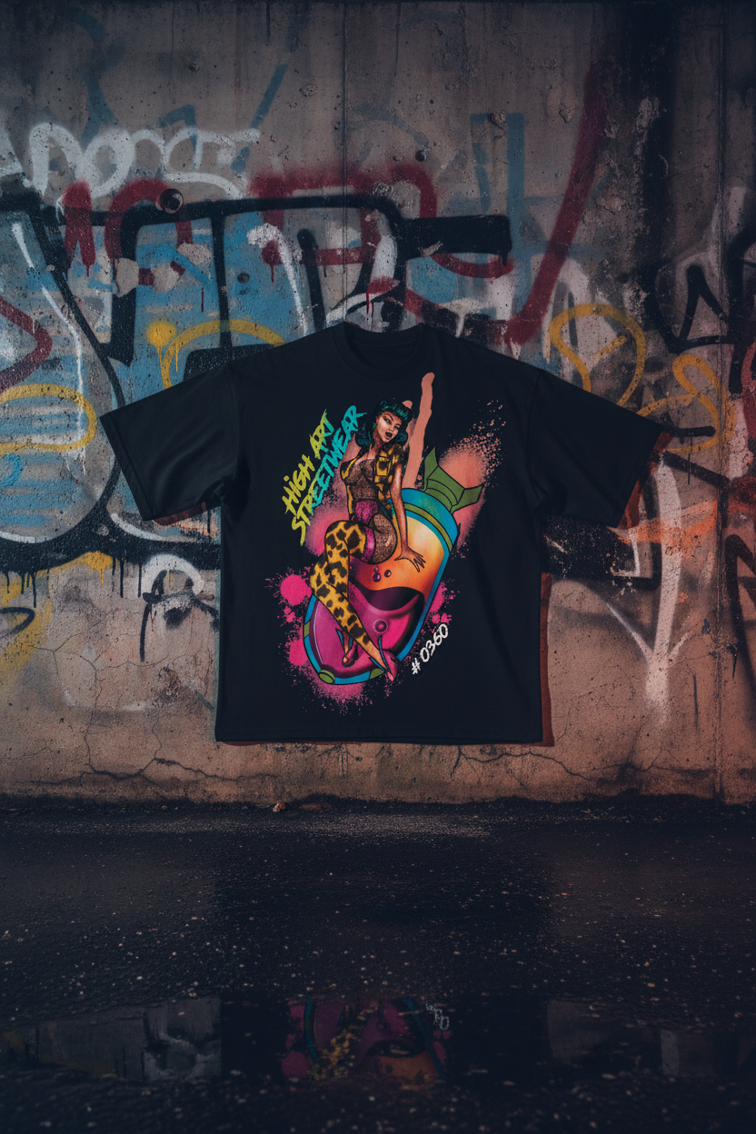 Черна хеви оувърсайз тениска 359OG × Tattoo High Art #0360 на графити стена