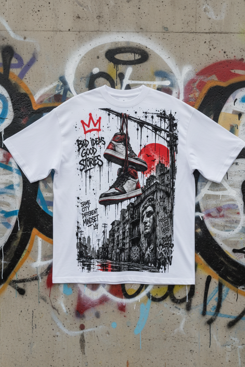 Бяла хеви оувърсайз тениска 359OG Kicks на графити стена